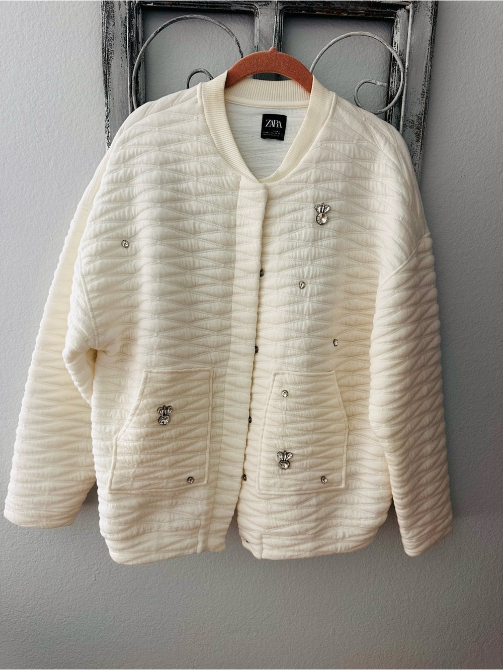 ZARA Cream Quilted Bomber Jacket with Decorative Studs